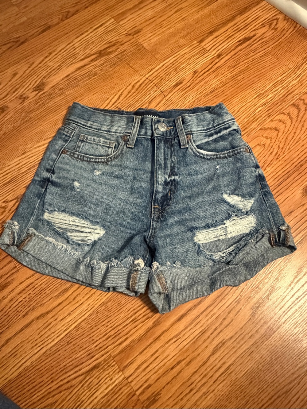 Aeropostale Distressed Rolled Hem Denim Shorts - Blue